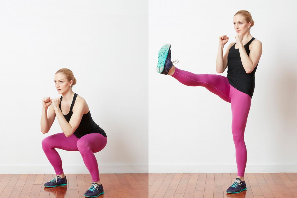 Присед с ударом ногой