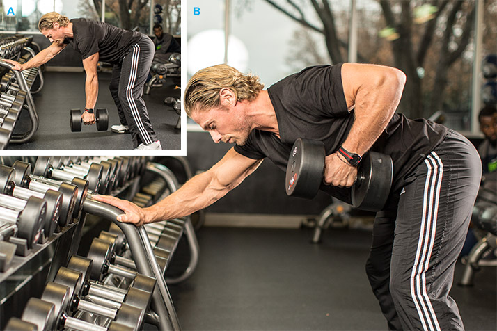 тяга гантели к поясу в наклоне