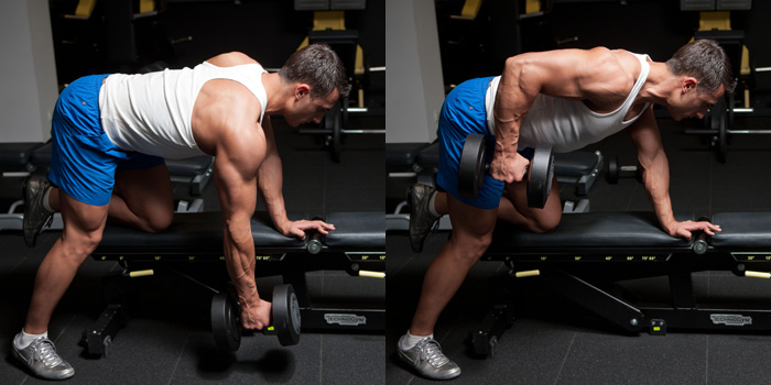 тяга гантели одной рукой в упоре