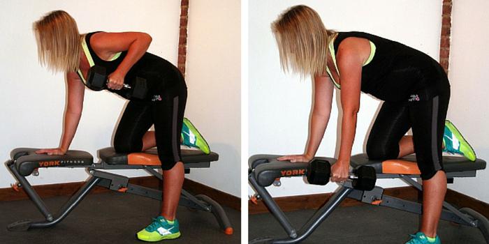 тяга гантели одной рукой на скамье