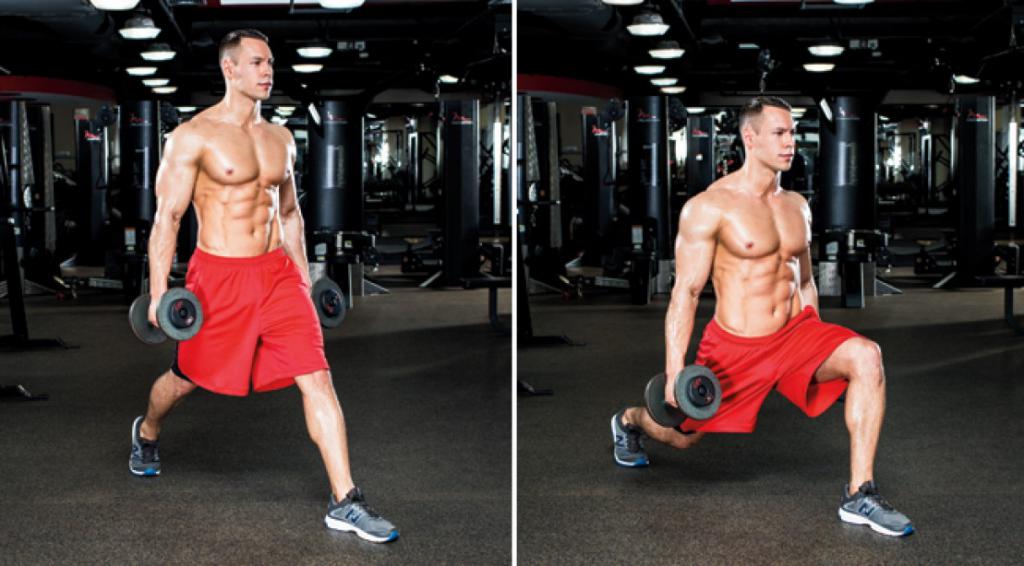 выпады с гантелями