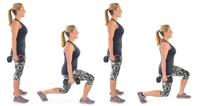 выпады с гантелями на месте